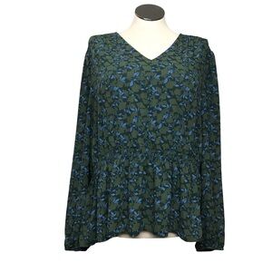 Lark & Ro V-Neck Peplum Shirt Women’s Size XXL Green Floral Bishop Long Sleeve’s